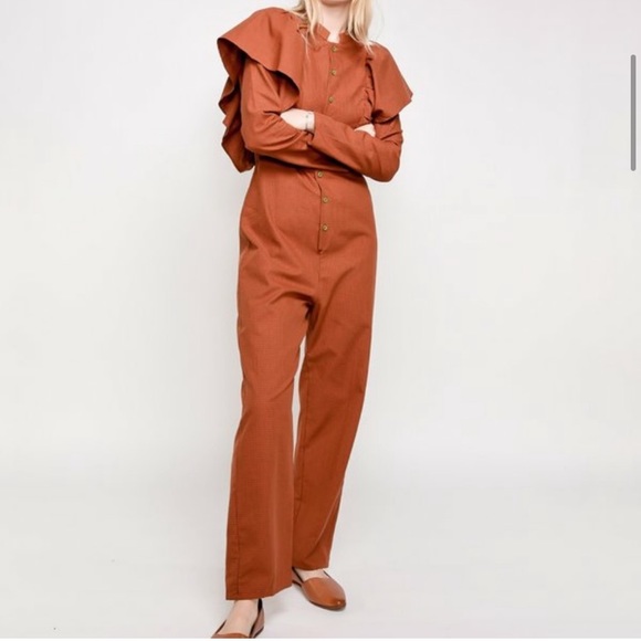 ❌SOLD❌ NWOT Rita Row x Free People Lola Ruffled Orange Microchecks Jumpsuit - Picture 2 of 8